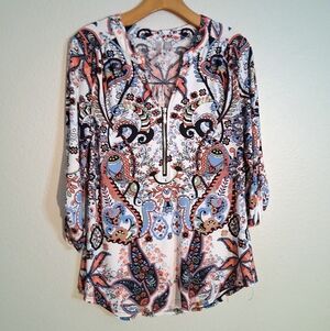 By Design Zippered Patterned Flowy Blouse Medium